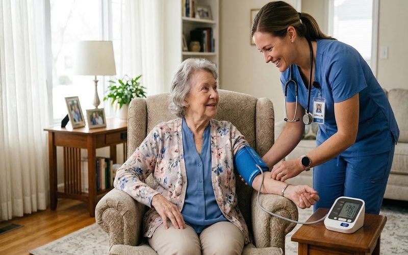 Registered nurse checking blood pressure of an elderly patient during a home health visit in Florida