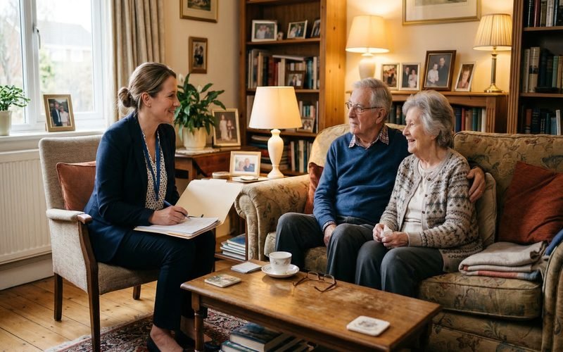 Medical social worker discussing care options with an elderly couple in their Florida home