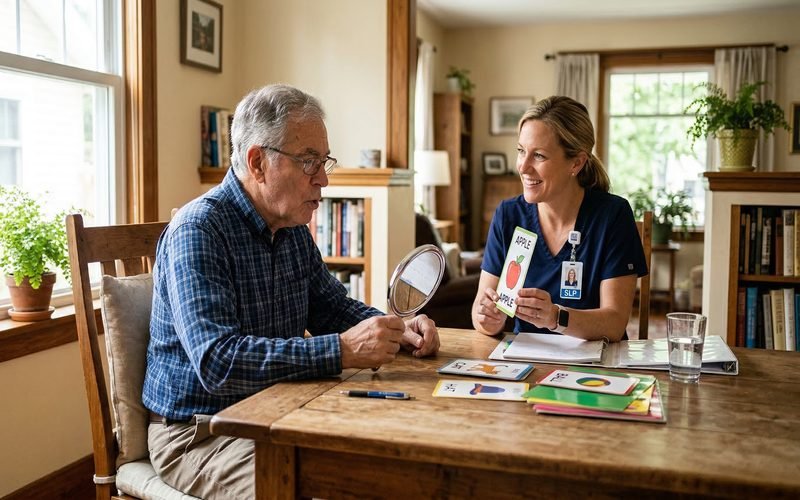 Speech-language pathologist working with a senior patient using picture cards at a dining table