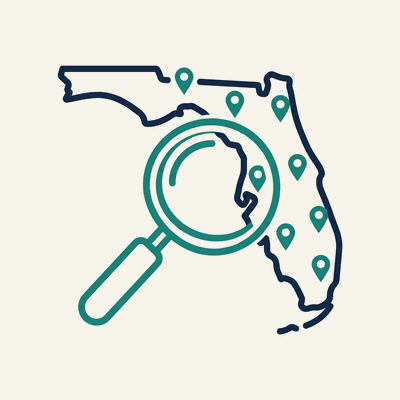 Search icon, magnifying glass over Florida map with location pins