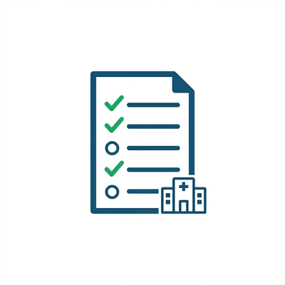 Hospital discharge readiness checklist icon, document with checkmarks and hospital building