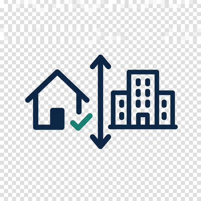 Home Health vs Nursing Home Comparison Home health versus nursing home cost comparison icon, house and building side by side with dollar sign for comparing care costs