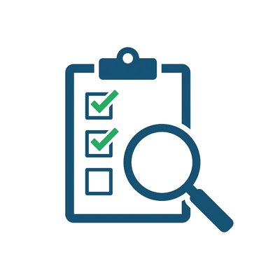 Home care fit quiz icon, clipboard with magnifying glass for finding the right home health services